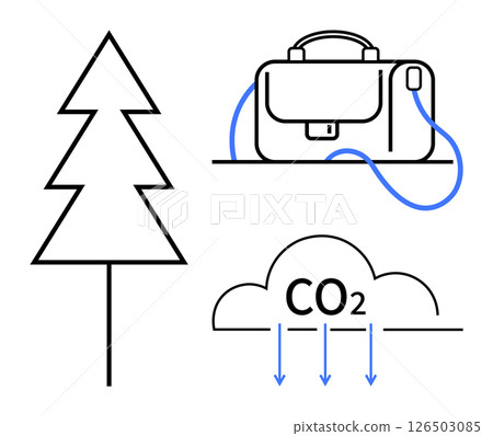 Simple tree outline, business briefcase with blue strap, and CO2 emission symbol with arrows pointing down. Ideal for presentations, sustainability talks, corporate responsibility, environmental Simple tree outline, business briefcase with blue strap, and CO2 emission symbol with arrows pointing down. Ideal for presentations, sustainability talks, corporate responsibility, environmental 126503085