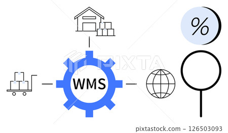 Warehouse gear, storage building, delivery cart, globe icon, magnifying glass, percentage symbol. Ideal for supply chain, inventory management, warehouse operations, logistics, data analysis global 126503093