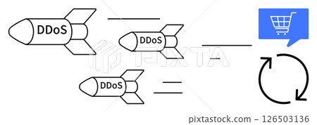 Three DDoS missiles in flight towards blue shopping cart icon and circular refresh symbol. Ideal for cybersecurity, online threats, e-commerce security, DDoS protection, data protection, business Three DDoS missiles in flight towards blue shopping cart icon and circular refresh symbol. Ideal for cybersecurity, online threats, e-commerce security, DDoS protection, data protection, business 126503136