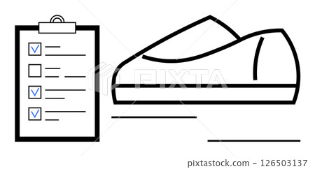 Clipboard with checkmarks next to several tasks, athletic shoe beside it. Ideal for sports, fitness tracking, goal setting, achievement, task management, planning, health. Line metaphor 126503137