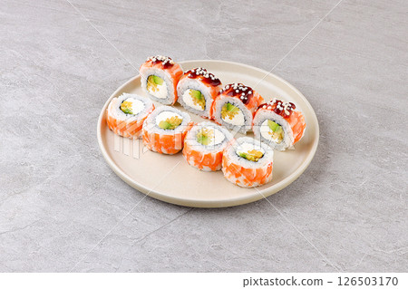 Shrimp and Mango Cream Cheese Sushi Roll 126503170