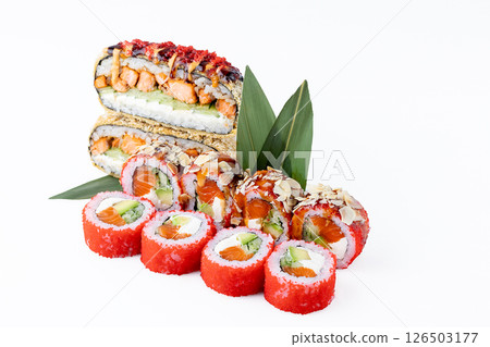 Colorful Sushi Roll and Onigirazu Stack with Salmon and Almonds on White Background 126503177