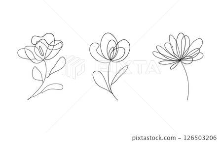 Floral Line Art Trio. A trio of minimal floral outlines without background colors. Perfect for tattoo designs, branding, or clean patterns. Floral Line Art Trio. A trio of minimal floral outlines without background colors. Perfect for tattoo designs, branding, or clean patterns. 126503206