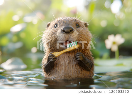 Cute beaver floating in pond holding a toothbrush, playful dental care concept in nature with animal character. 126503250