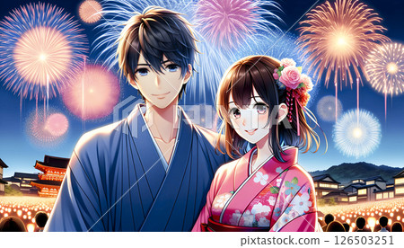 Illustration of a summer festival where a couple in costumes enjoys a fireworks display 126503251