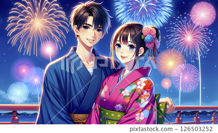 Illustration of a summer festival where a couple in yukatas enjoy fireworks 126503252