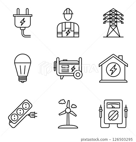 Line icon set of electricity infrastructure, tools, and renewable energy 126503295