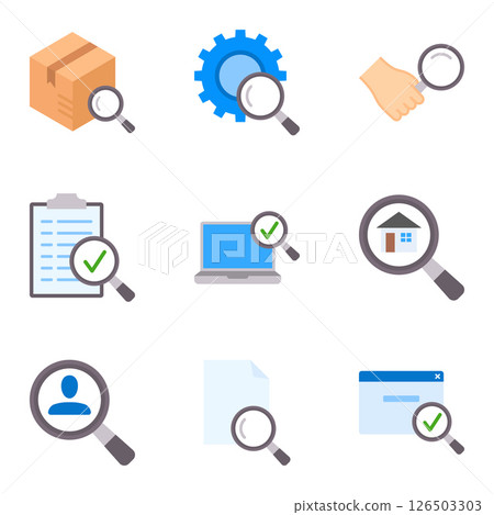 Quality control and inspection icon set featuring magnifying glass elements for analysis and verification. 126503303