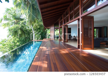 Luxurious tropical villa with wooden deck overlooking infinity pool. 126503437