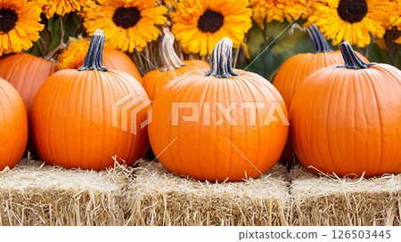 Fall Harvest Festival with orange pumpkins on hay bales with sunflowers in background. 126503445