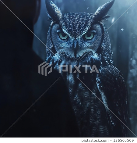 Mysterious owl stares intently in blue night forest setting. 126503509