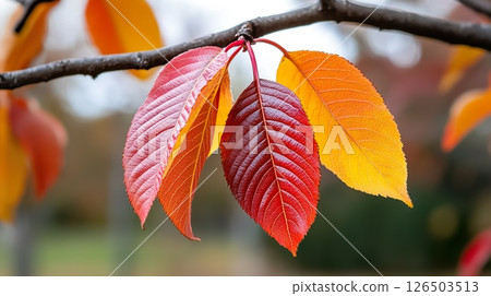 Colorful autumn leaves on branch in fall foliage. 126503513
