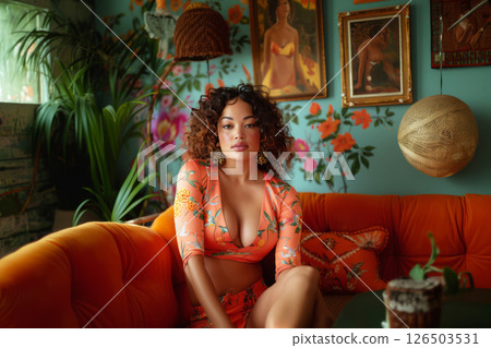In a lively room, a plus-size female model confidently poses, highlighting diversity and body positivity with vibrant backdrops and props 126503531