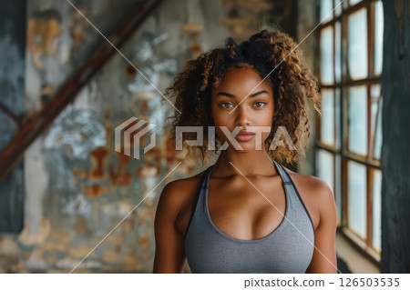 Confident African-American woman exudes strength and power as she poses in athletic wear against an industrial backdrop 126503535