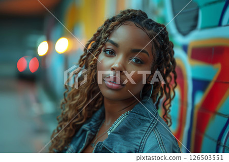 Young African-American woman with long braided hair poses against a backdrop of vibrant urban graffiti in the evening Young African-American woman with long braided hair poses against a backdrop of vibrant urban graffiti in the evening 126503551