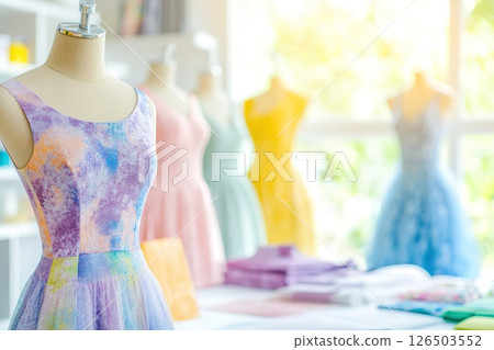 Colorful summer dresses on display in bright fashion studio. Colorful summer dresses on display in bright fashion studio. 126503552
