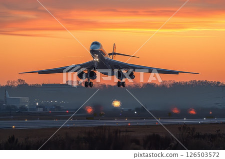 Hypersonic passenger jet takes off from an airport runway at sunset, with the evening sky ablaze with orange and red hues Hypersonic passenger jet takes off from an airport runway at sunset, with the evening sky ablaze with orange and red hues 126503572