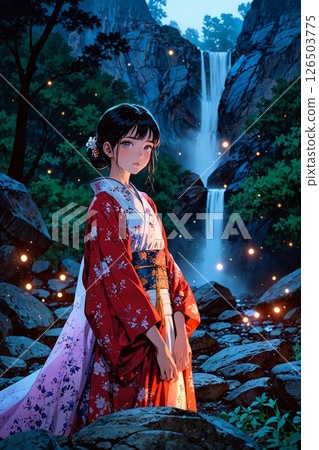 A woman in a red kimono standing in a forest at night under the moonlight 126503775