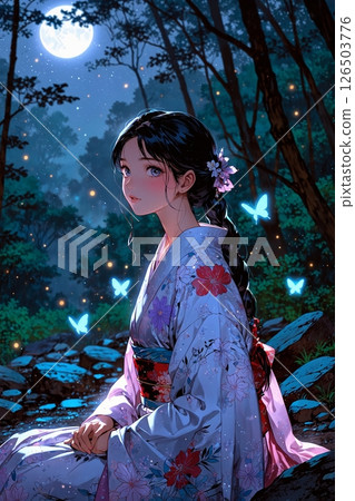 一位身穿紅色和服的女子站在月光下的夜晚森林裡 一位身穿紅色和服的女子站在月光下的夜晚森林裡 126503776