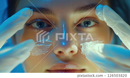 Extreme close-up of a woman's face as gloved hands gently apply translucent cream or patches under her bright eyes in a cool, blue-lit environment, highlighting delicate skincare and eye AI generated 126503820