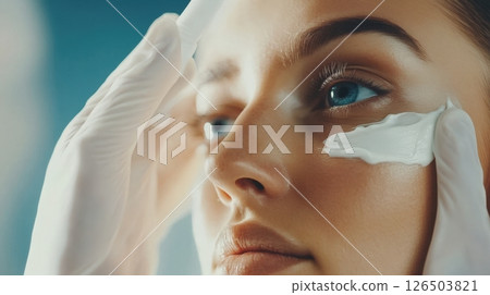 Profile close-up of a woman's face as a gloved hand applies white cream under her eye, with a soft, out-of-focus background, emphasizing targeted skincare and beauty routine AI generated 126503821