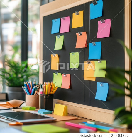 Desk with colorful sticky notes on a corkboard, along with pencils, pens, and a tablet, suggesting brainstorming, organization, planning, and creative work in an office or study setting AI generated 126503822