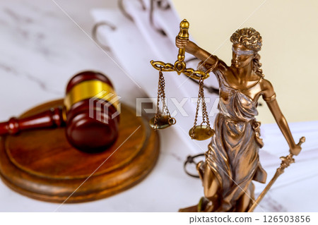Female Justice stands statue embodies impartiality while holding scales of justice serious atmosphere enhances formal legal Female Justice stands statue embodies impartiality while holding scales of justice serious atmosphere enhances formal legal 126503856