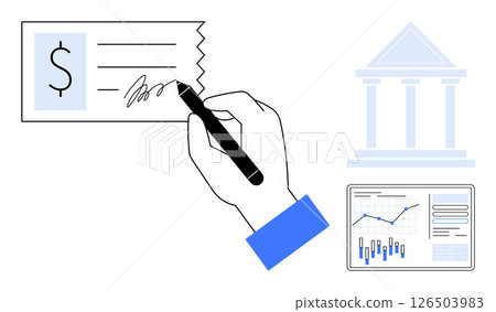 Hand holding pen signing a check, bank building icon in background, financial chart with bar and line graphs. Ideal for banking, finance, transactions, investments, bookkeeping, accounting 126503983