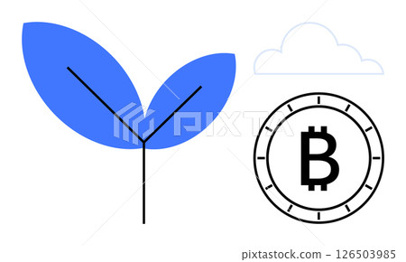 Two blue leaves paired with a Bitcoin symbol coin and a single cloud. Ideal for sustainability, fintech, investment, digital currency, eco-friendly technology, blockchain, and innovation. Line 126503985