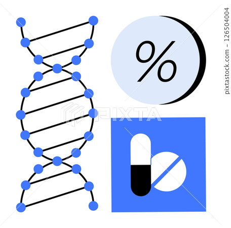 DNA double helix illustration, percentage symbol on circular background, and pharmaceutical icons including a pill and a capsule. Ideal for healthcare, biotechnology, genetics, medical research DNA double helix illustration, percentage symbol on circular background, and pharmaceutical icons including a pill and a capsule. Ideal for healthcare, biotechnology, genetics, medical research 126504004