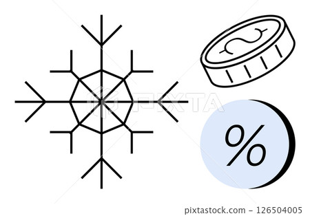 Snowflake symbol beside coin with dollar sign and percentage symbol in light blue circle. Ideal for winter sales, finance, investments, banking, budgeting, discounts, promotions. Line metaphor 126504005