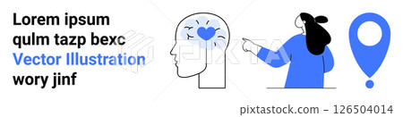 Woman pointing at blue location pin, head outline with heart icon inside, placeholder text on left side. Ideal for navigation guides, health apps, educational content, mental wellness, location Woman pointing at blue location pin, head outline with heart icon inside, placeholder text on left side. Ideal for navigation guides, health apps, educational content, mental wellness, location 126504014