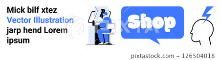Person working at a computer, large speech bubble with Shop text, and a head with a lightning symbol. Ideal for e-commerce, technology, innovation, retail, and AI themes. Banner for landing page 126504018