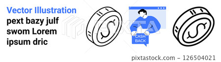 Coins revolving around screen with person, Cash Back text. Ideal for finance apps, e-commerce, loyalty programs, promotional materials, financial education, advertising, and landing page. Landing 126504021
