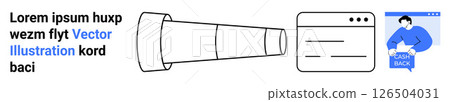 Telescope pointing towards browser window and person illustration. Ideal for navigation, discovery, exploration, online search, user interface, web design concepts, tutorials. Landing page 126504031