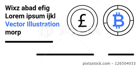 Graphical elements with Pound and Bitcoin currency symbols, black lines, and placeholder text. Ideal for financial apps, fintech websites, investment platforms, cryptocurrency resources, economic 126504033