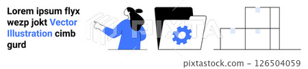 Businesswoman pointing towards a file folder with a gear icon, stack of boxes indicating shipping logistics, and placeholder text. Ideal for business, logistics, software, management, organization 126504059