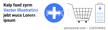Shopping cart, battery with lightning bolt, and blue cross on white background. Ideal for healthcare, energy, online shopping, technology, e-commerce, digital marketing, and product design. Banner 126504063