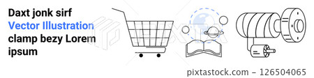 Ideal for showcasing business, education, and technology themes. Features shopping cart, book with globe, and mechanical gear. Perfect for corporate, educational, and tech industry use. Banner Ideal for showcasing business, education, and technology themes. Features shopping cart, book with globe, and mechanical gear. Perfect for corporate, educational, and tech industry use. Banner 126504065