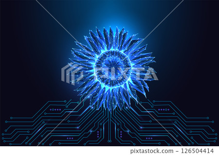 Green energy and renewable technology concept with glowing polygonal sunflower shape Green energy and renewable technology concept with glowing polygonal sunflower shape 126504414
