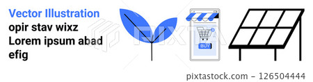 Blue leaf, online shopping cart with a striped awning, and solar panel icon. Ideal for sustainability projects, green technology promotions, e-commerce marketing, eco-friendly campaigns, renewable Blue leaf, online shopping cart with a striped awning, and solar panel icon. Ideal for sustainability projects, green technology promotions, e-commerce marketing, eco-friendly campaigns, renewable 126504444