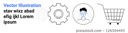 Gear symbolizing settings, face scan ID indicating user verification, and shopping cart representing online shopping. Ideal for tech, e-commerce, security, innovation, user interface, online stores 126504445