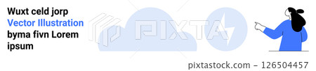 Person pointing at a cloud with a lightning symbol. Ideal for tech companies, digital solutions, cloud computing, energy management, innovation, data analytics, and sustainability. Banner for landing Person pointing at a cloud with a lightning symbol. Ideal for tech companies, digital solutions, cloud computing, energy management, innovation, data analytics, and sustainability. Banner for landing 126504457