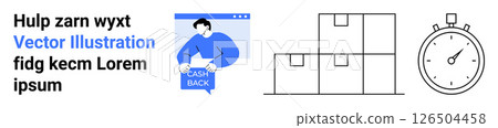 Person holding a cashback sign on a screen, stacked delivery boxes, and a stopwatch. Ideal for e-commerce, online shopping, logistics, delivery services, promotional offers, time management, retail Person holding a cashback sign on a screen, stacked delivery boxes, and a stopwatch. Ideal for e-commerce, online shopping, logistics, delivery services, promotional offers, time management, retail 126504458