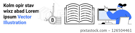 Open book, computer screen with person, Bitcoin symbol, and abstract text. Ideal for educational content, e-learning platforms, blockchain education, tech tutorials, cryptocurrency courses, digital 126504461