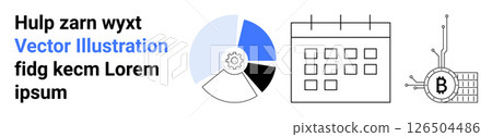 Circular chart gear, calendar with squares, circuit and Bitcoin symbol. Ideal for data analytics, project management, fintech, scheduling, blockchain technology, business planning, cryptocurrency 126504486