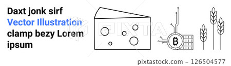 Cheese wedge, bitcoin mining rig, wheat stalks in simple outline. Ideal for agriculture, blockchain tech, food industry, cryptocurrency, minimalist designs, educational purposes, infographic. Landing 126504577