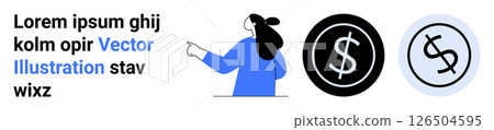 Person in blue sweater pointing right towards dollar and currency icons, accompanied by placeholder text above. Ideal for finance, economics, business strategies, investments, financial education Person in blue sweater pointing right towards dollar and currency icons, accompanied by placeholder text above. Ideal for finance, economics, business strategies, investments, financial education 126504595