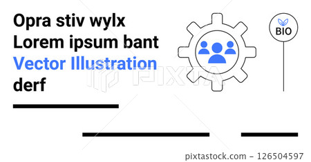 Gear with team icons and small BIO pin with leaf mark. Ideal for team collaboration, environmental awareness, business strategy, project management, bio-labeling, process automation, eco-friendly 126504597