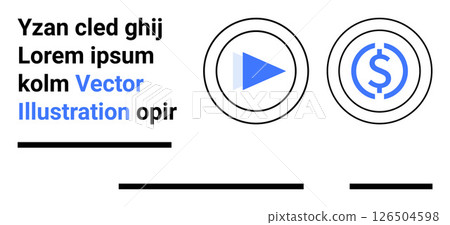 Circle with play button, dollar sign with arrows, black and blue text, two horizontal bars. Ideal for fintech, e-learning, business, marketing, finance, media, gaming. Landing page Circle with play button, dollar sign with arrows, black and blue text, two horizontal bars. Ideal for fintech, e-learning, business, marketing, finance, media, gaming. Landing page 126504598